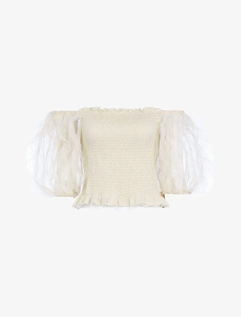 Crop top à manches bouffantes volantées - beige - Image 3