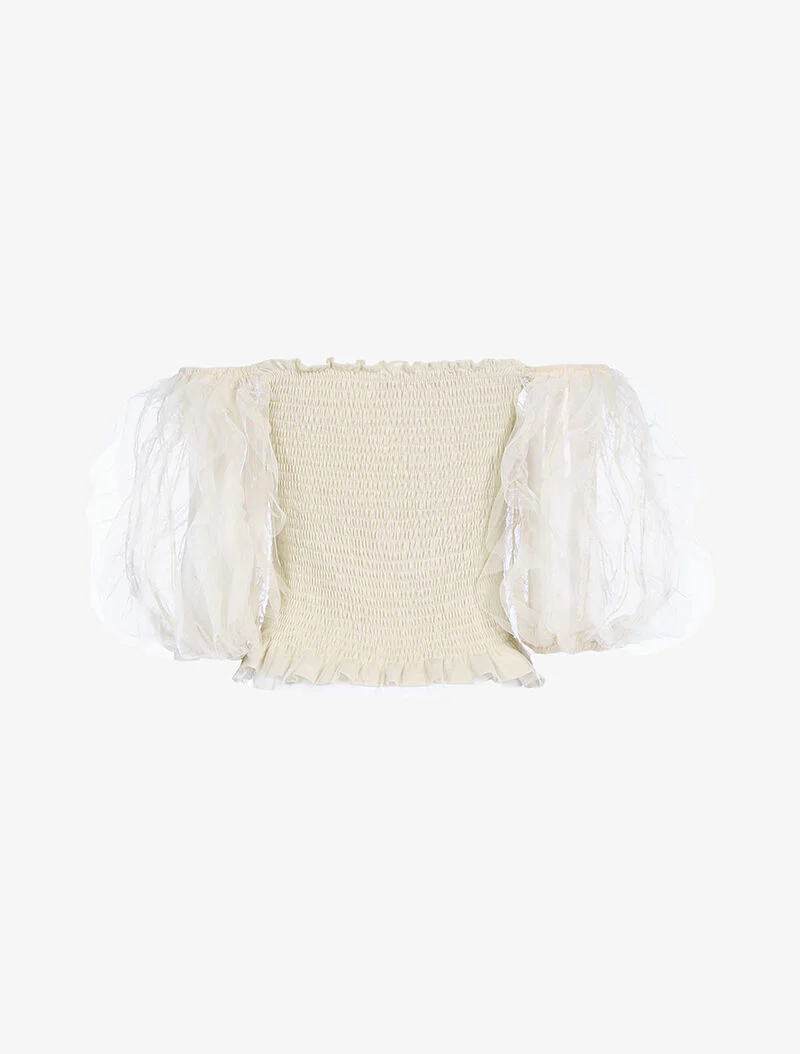 Crop top à manches bouffantes volantées - beige - Image 4