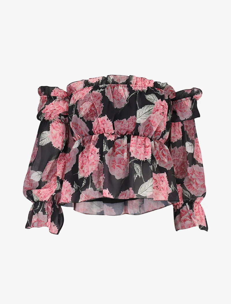 Crop top fleuri à épaules dénudées - noir