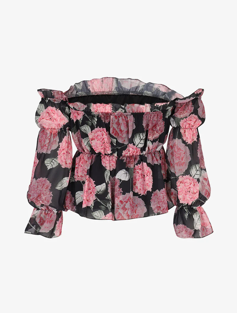 Crop top fleuri à épaules dénudées - noir - Image 2