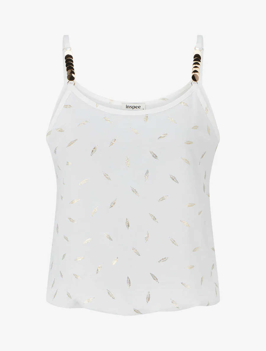 Débardeur à bretelles bijoux et imprimé plume - Blanc