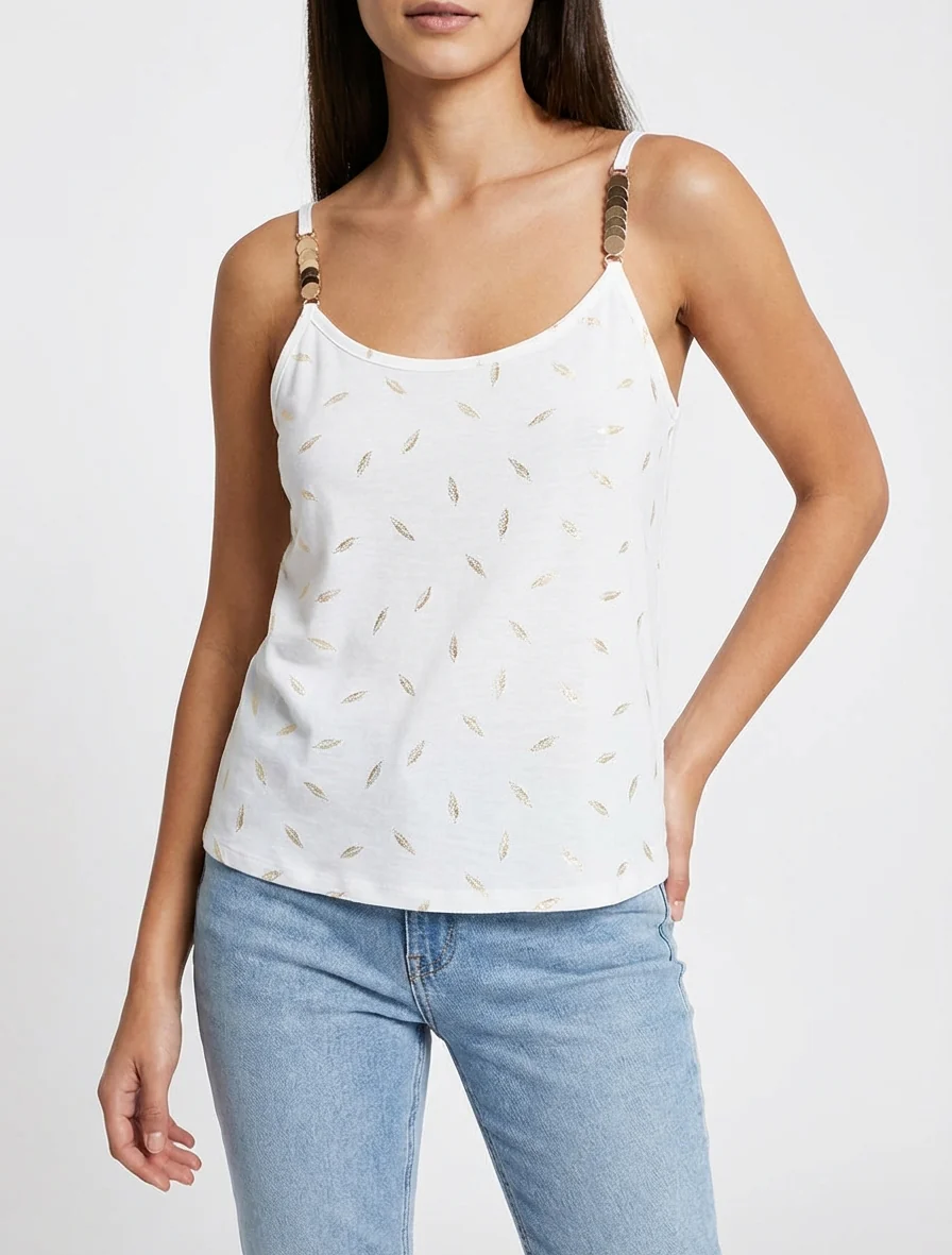 Débardeur à bretelles bijoux et imprimé plume - Blanc - Image 4