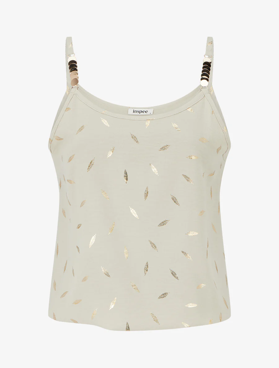 Débardeur à bretelles bijoux et imprimé plume - Beige