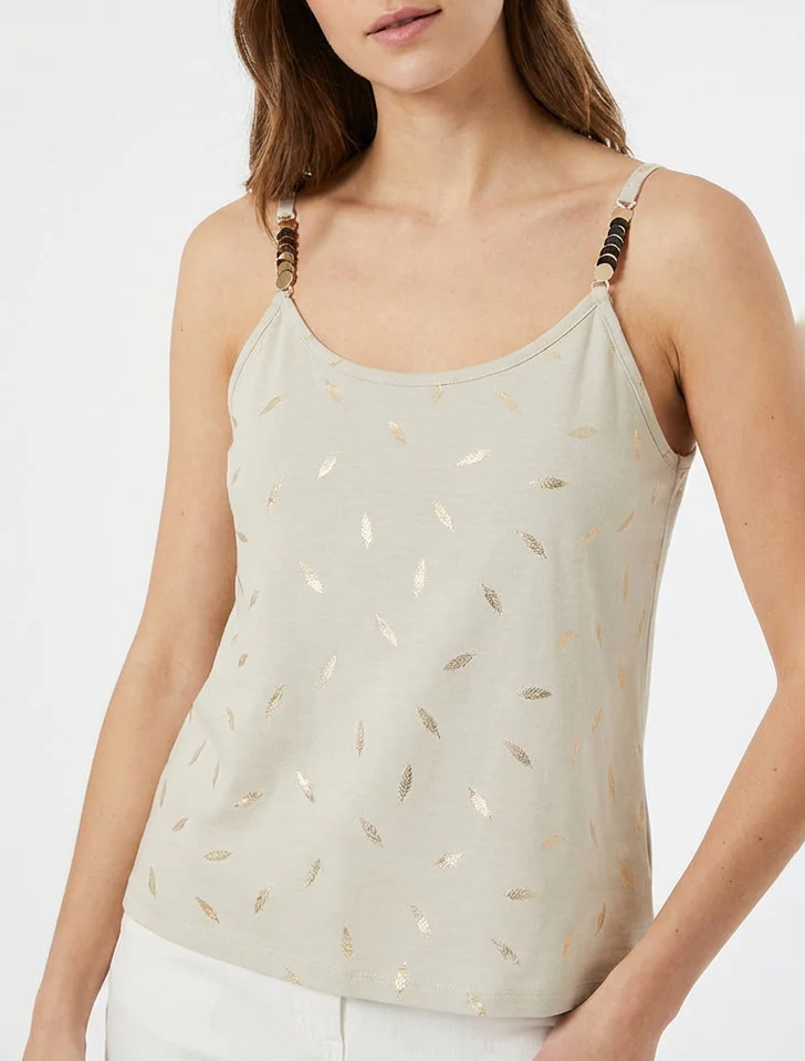 Débardeur à bretelles bijoux et imprimé plume - Beige - Image 4