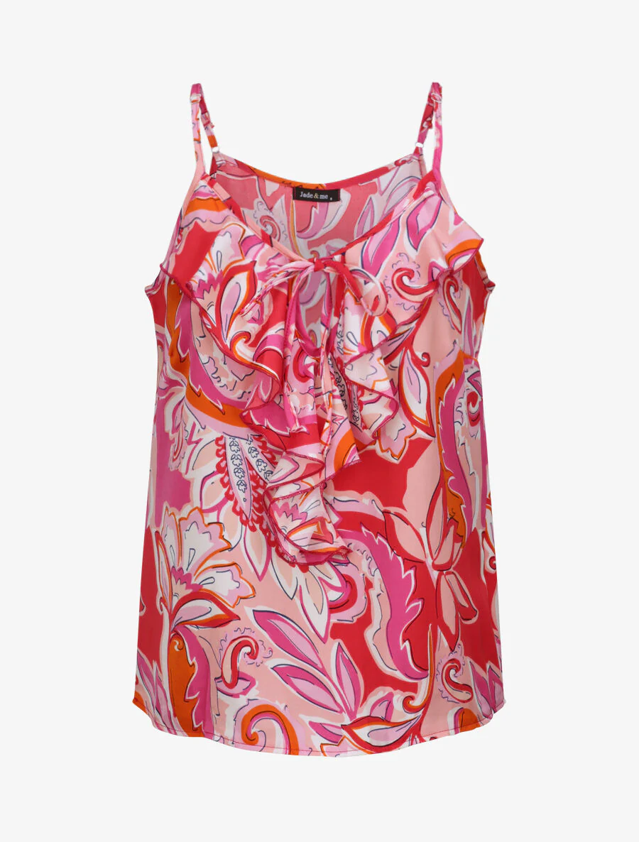 Débardeur carré à motifs tropicaux à col volanté - Fushia