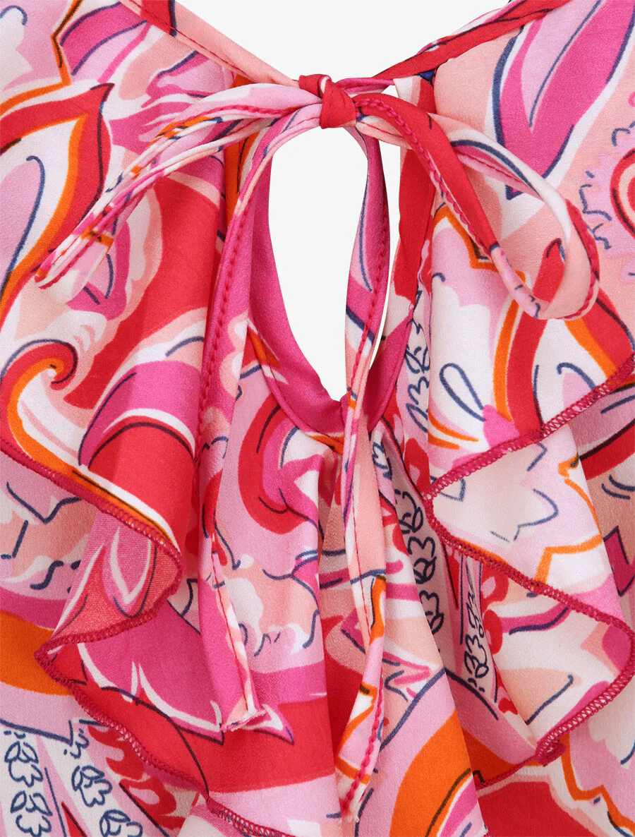 Débardeur carré à motifs tropicaux à col volanté - Fushia - Image 3