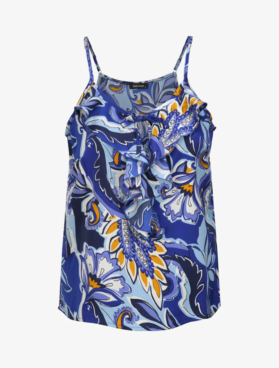 Débardeur carré à motifs tropicaux à col volanté - Bleu