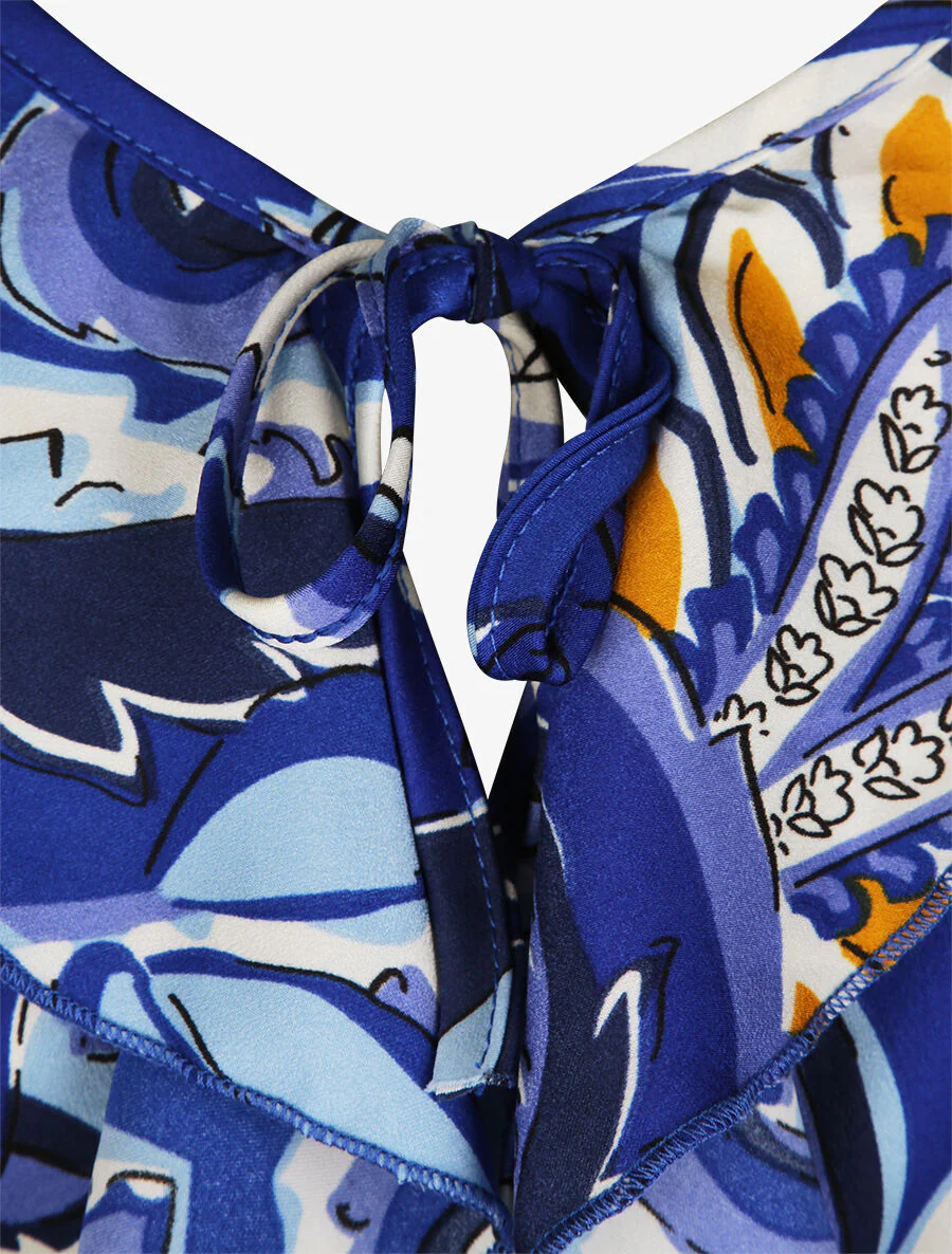 Débardeur carré à motifs tropicaux à col volanté - Bleu - Image 3