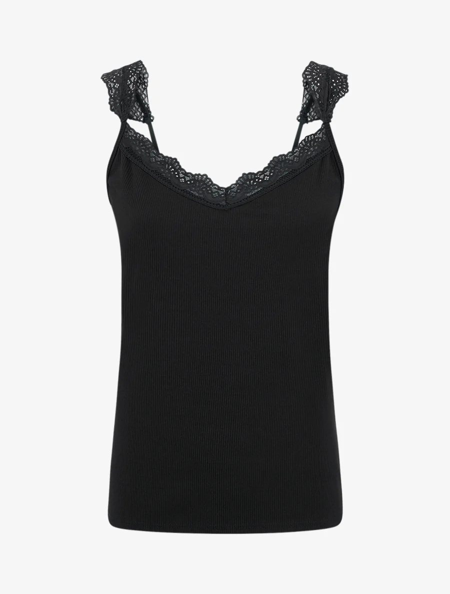 Débardeur côtelé à bretelles en dentelle - Noir