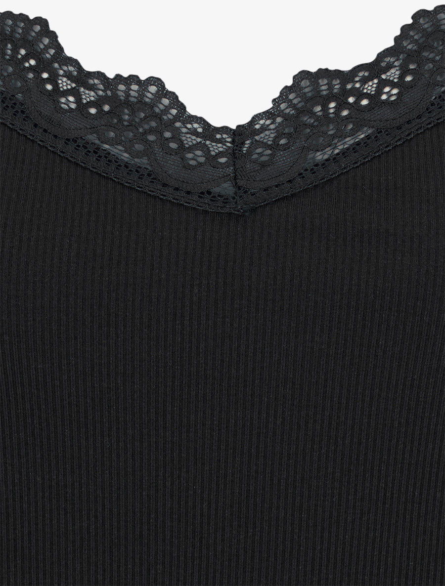 Débardeur côtelé à bretelles en dentelle - Noir - Image 3