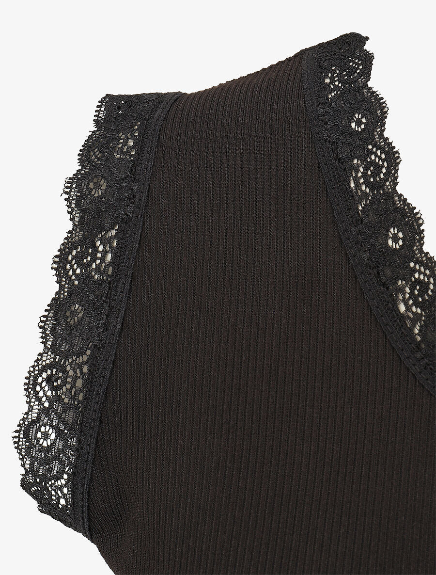 Débardeur côtelé à dentelle coupe ajustée - Noir - Image 3