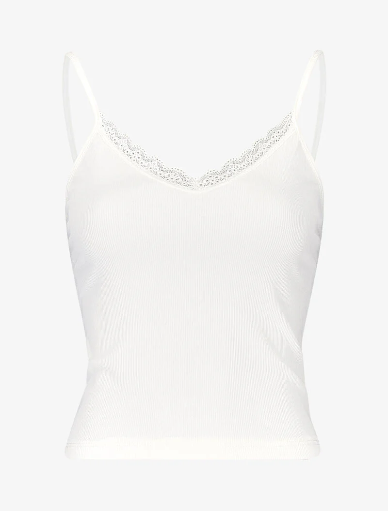 Débardeur court côtelé à encolure dentelle - blanc