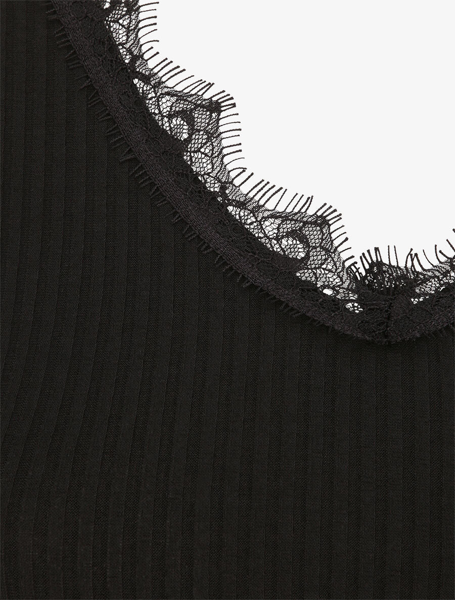 Débardeur droit côtelé à col dentelle - Noir - Image 3