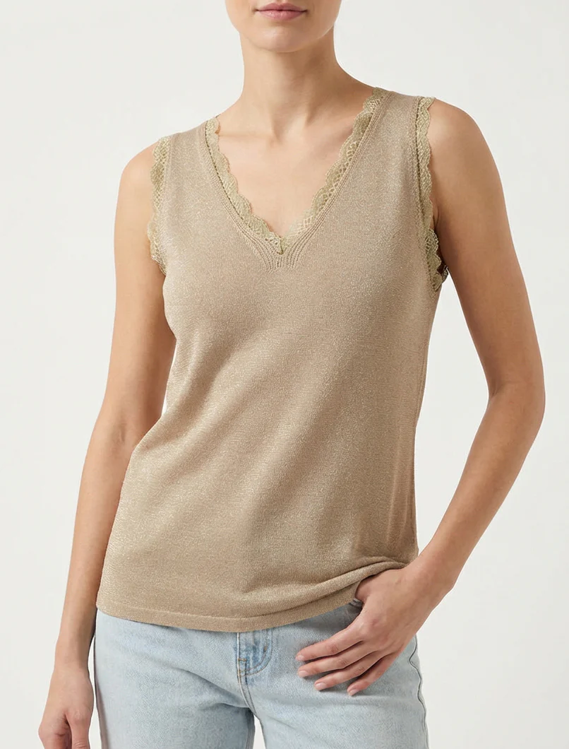 Débardeur en maille irisée à dentelle - Taupe - Image 4