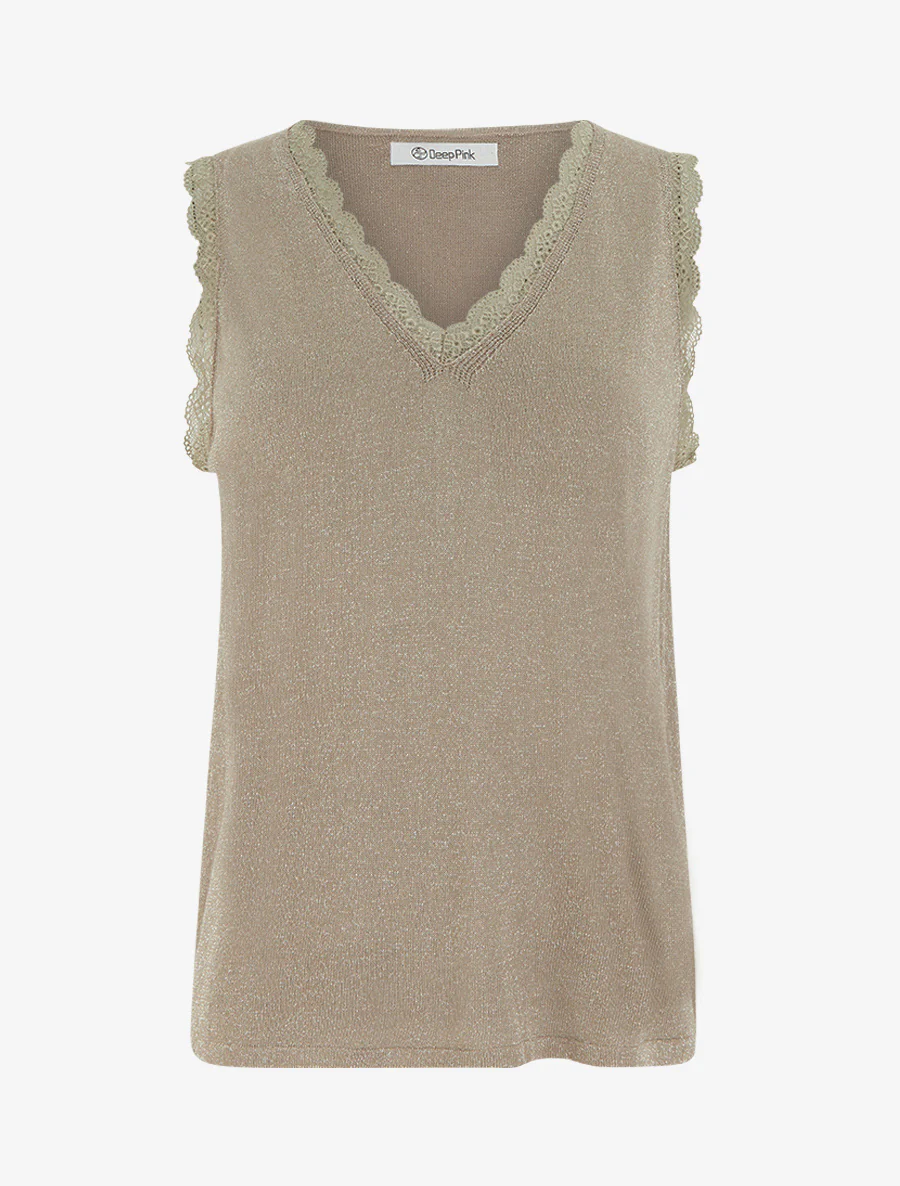 Débardeur irisé à col en dentelle - Taupe