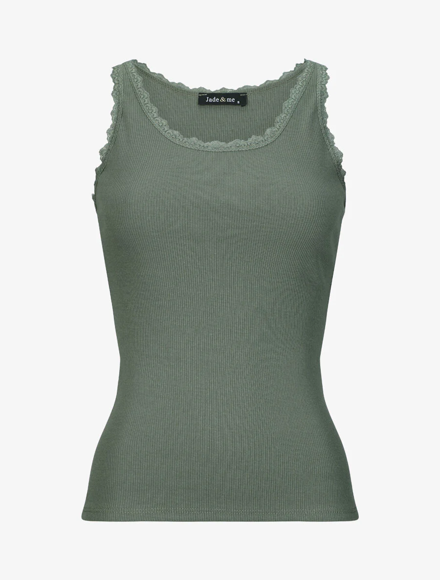 Débardeur slim uni à col rond dentelle - Kaki
