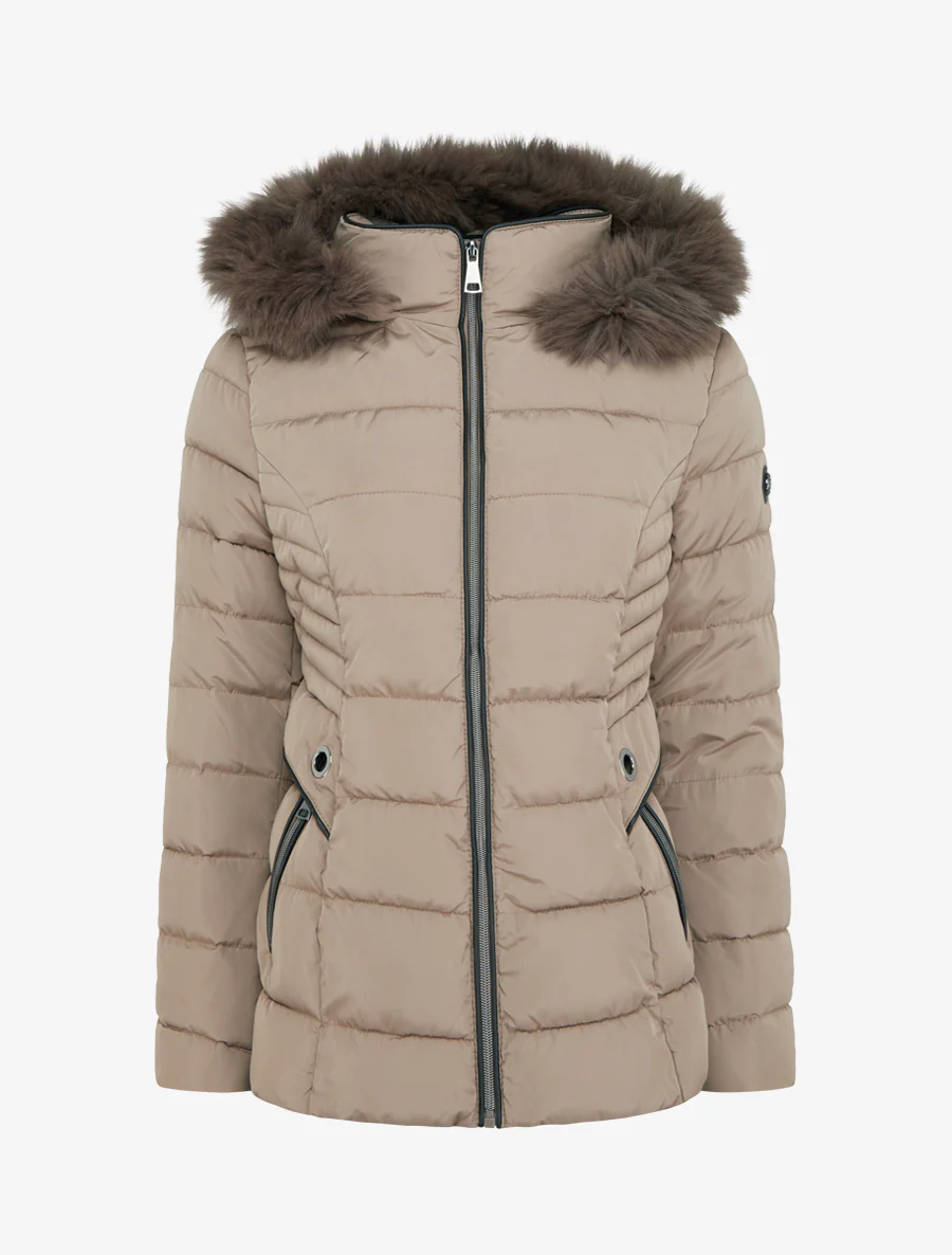Doudoune droite à capuche en fourrure synthétique - Taupe