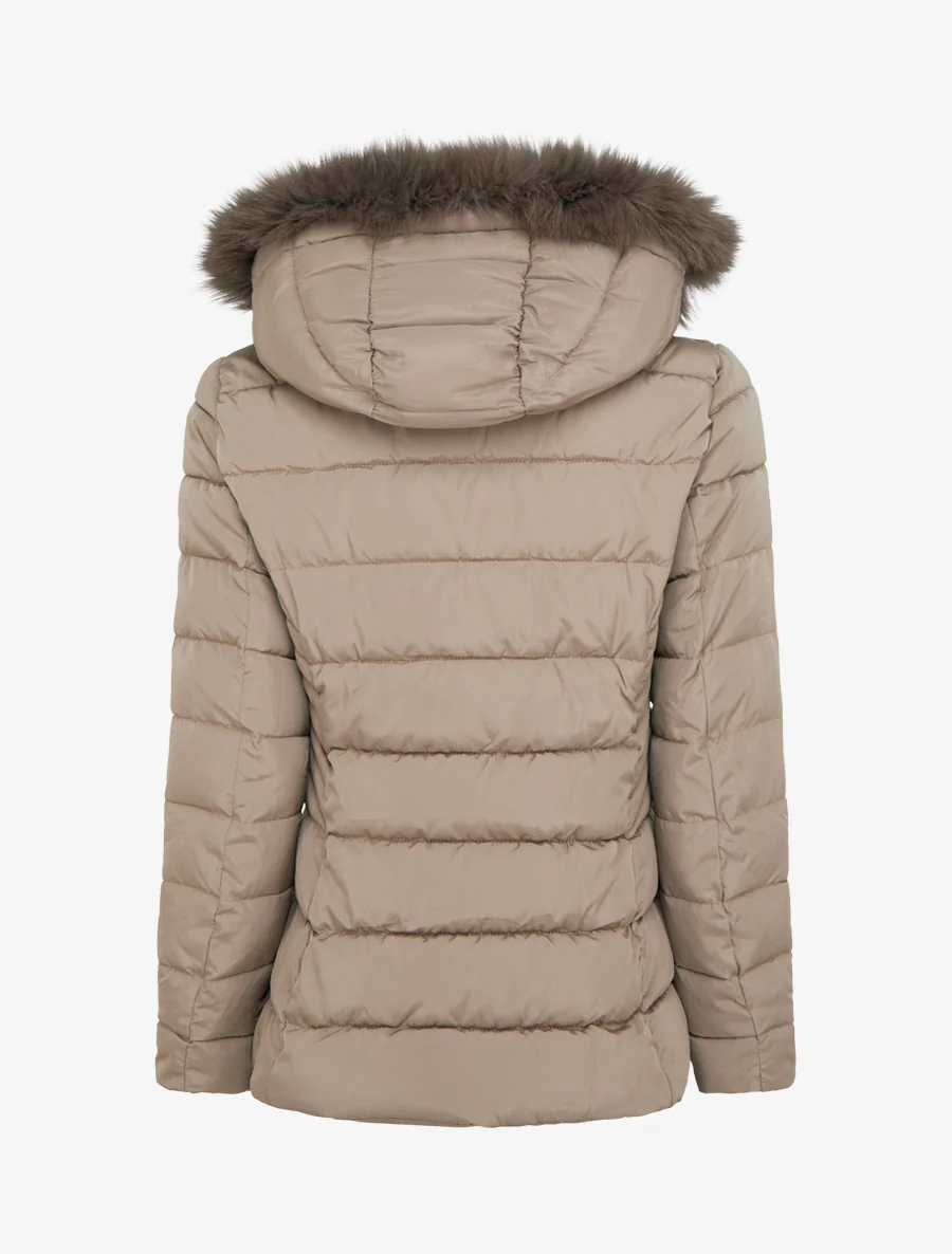 Doudoune droite à capuche en fourrure synthétique - Taupe - Image 2