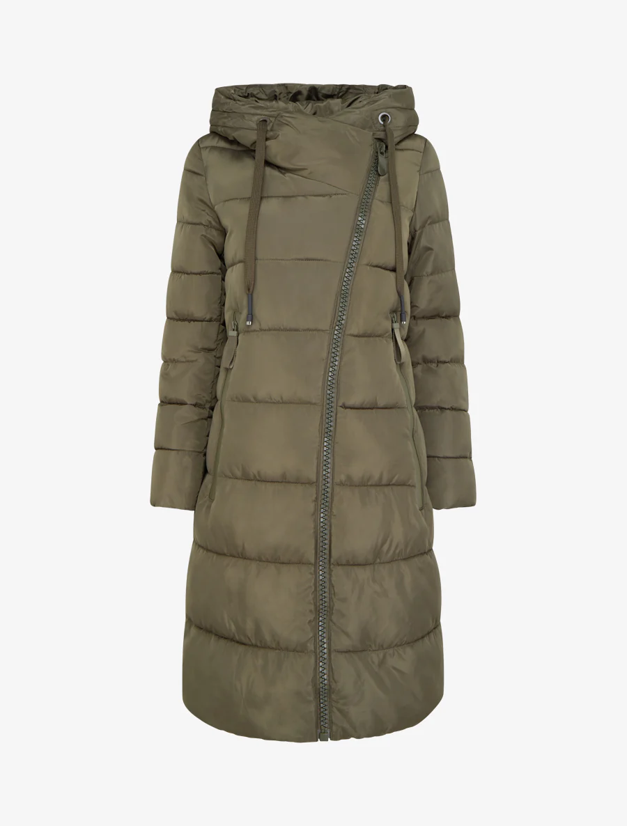 Doudoune longue à capuche et zip en biais - Kaki