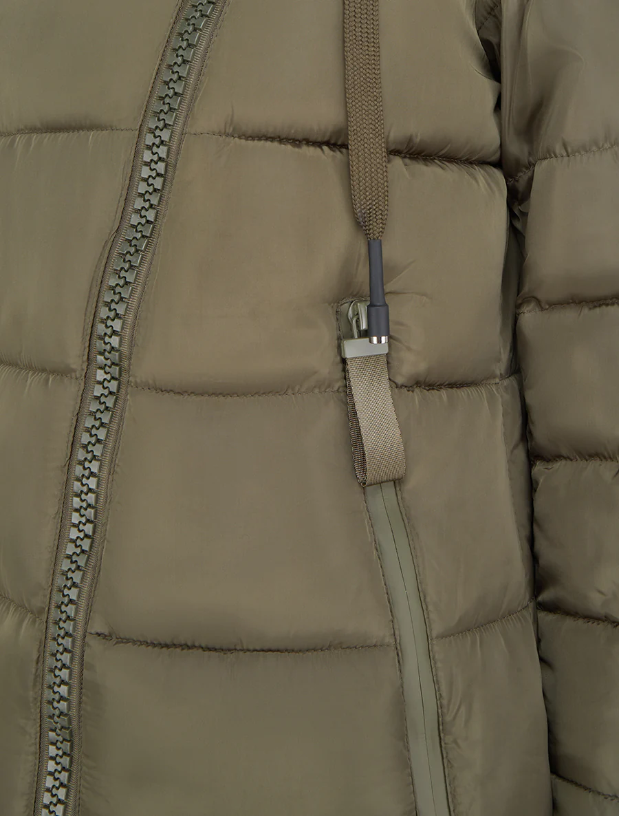 Doudoune longue à capuche et zip en biais - Kaki - Image 3