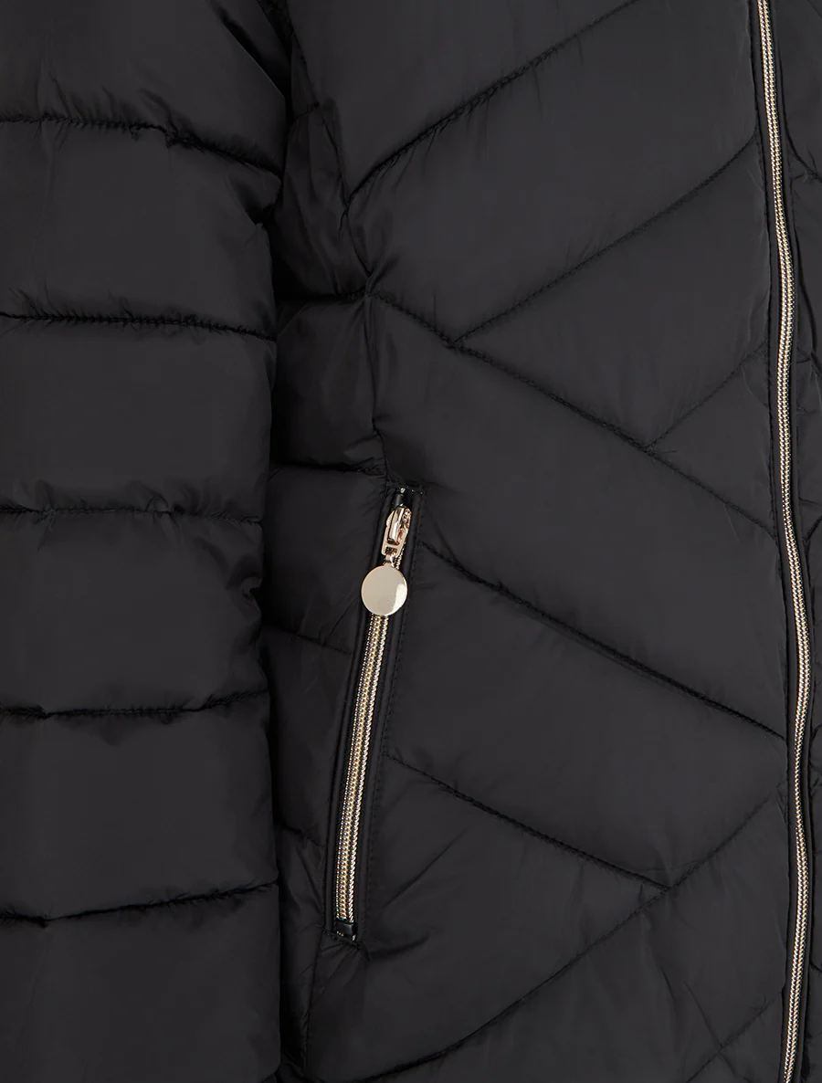 Doudoune matelassée à capuche fourrure synthétique - Noir - Image 3