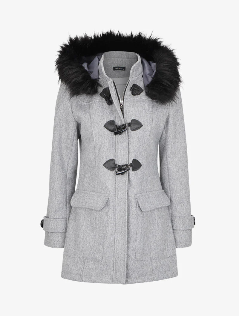 Duffle coat à capuche à fourrure - Gris