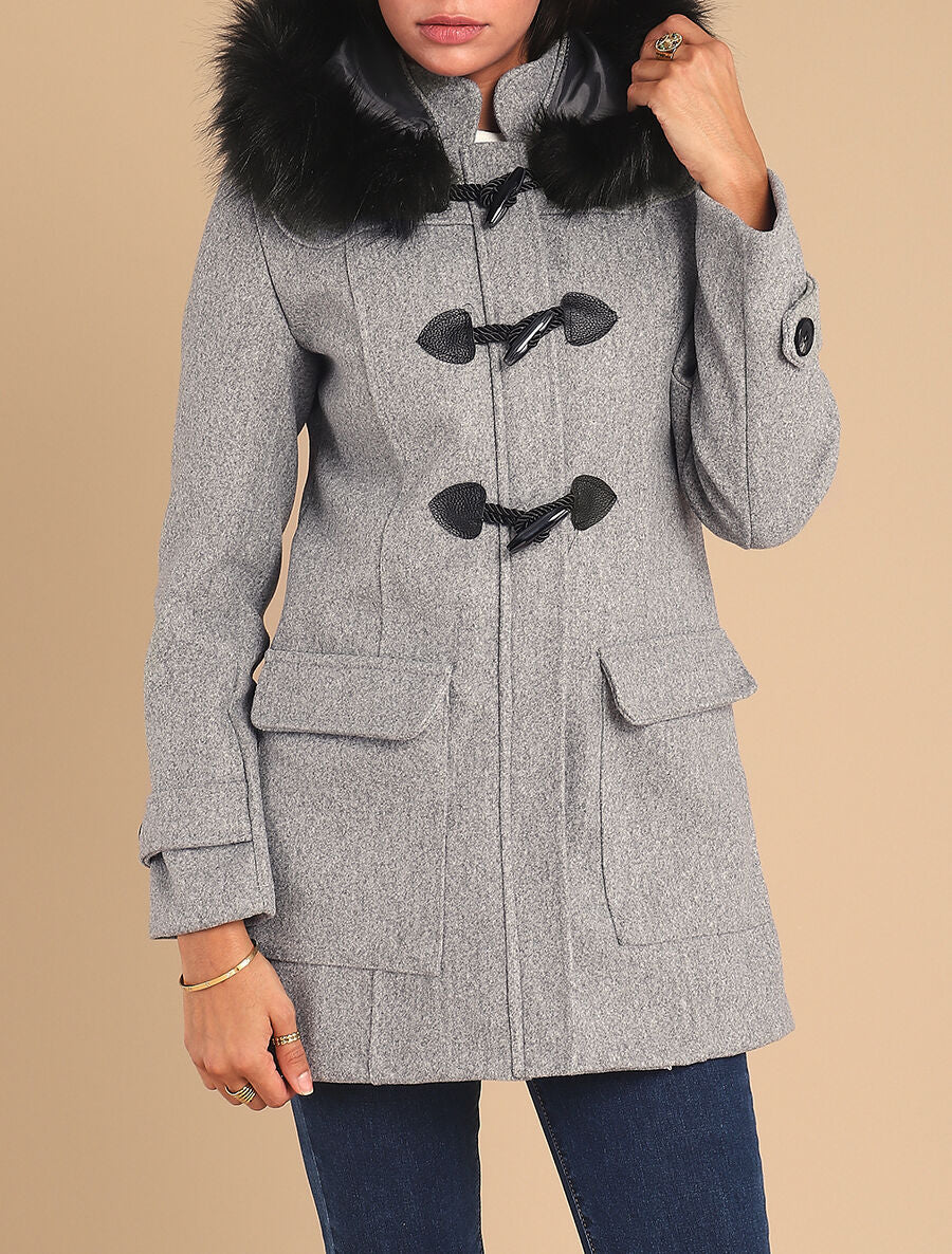 Duffle coat à capuche à fourrure - Gris - Image 4