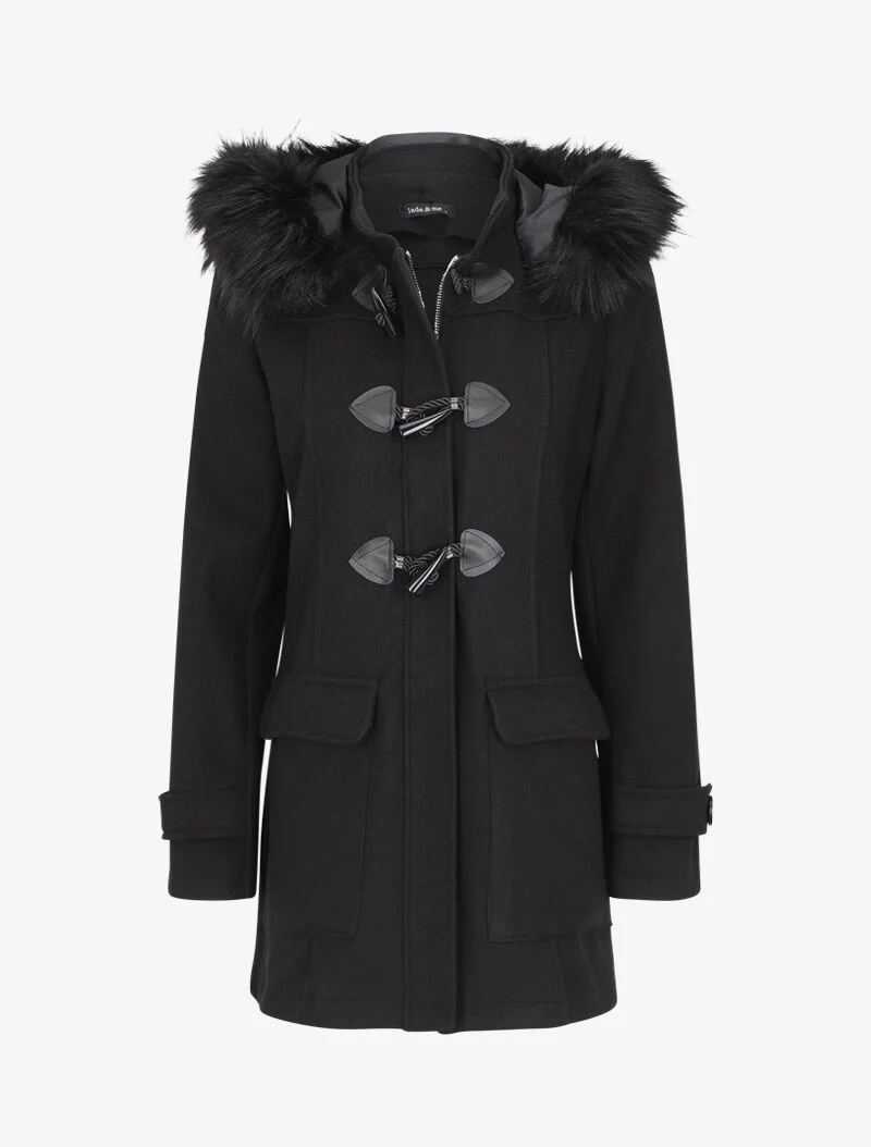 Duffle coat à capuche en fausse fourrure - Noir