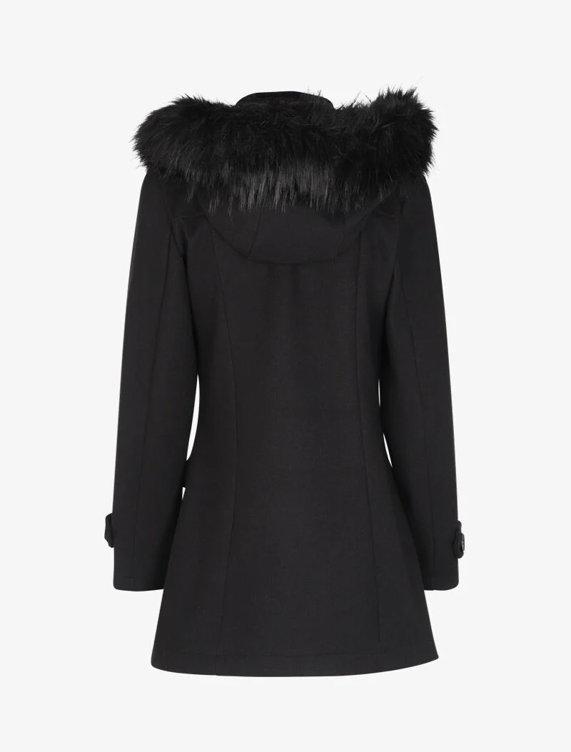 Duffle coat à capuche en fausse fourrure - Noir - Image 2