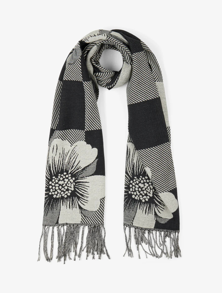 Echarpe à carreaux et fleurs - Noir