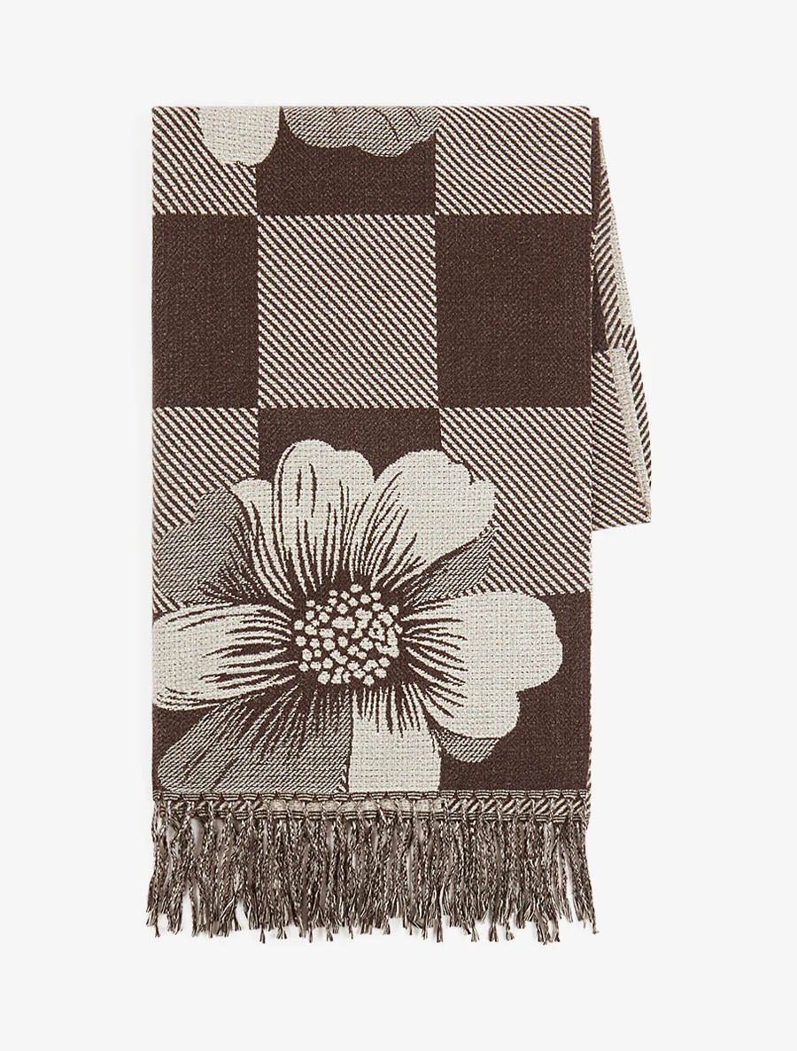 Echarpe à carreaux et fleurs - Marron - Image 2