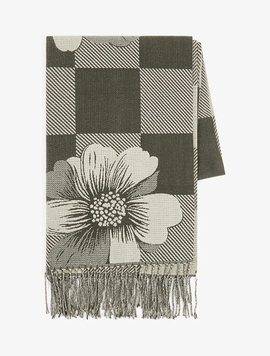 Echarpe à carreaux et fleurs - Kaki - Image 2