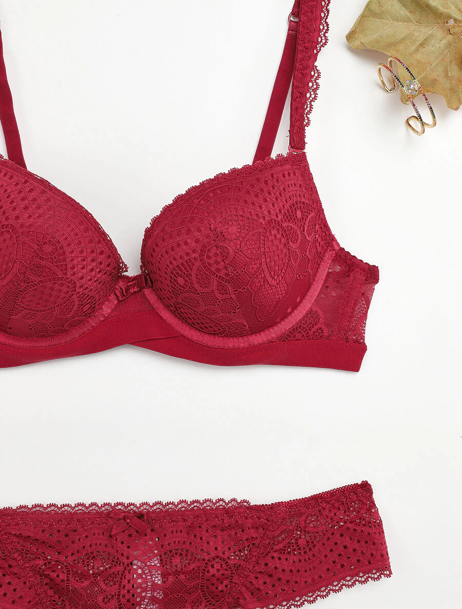 Ensemble à bord bande élastiquée et tanga - Prune - Image 3