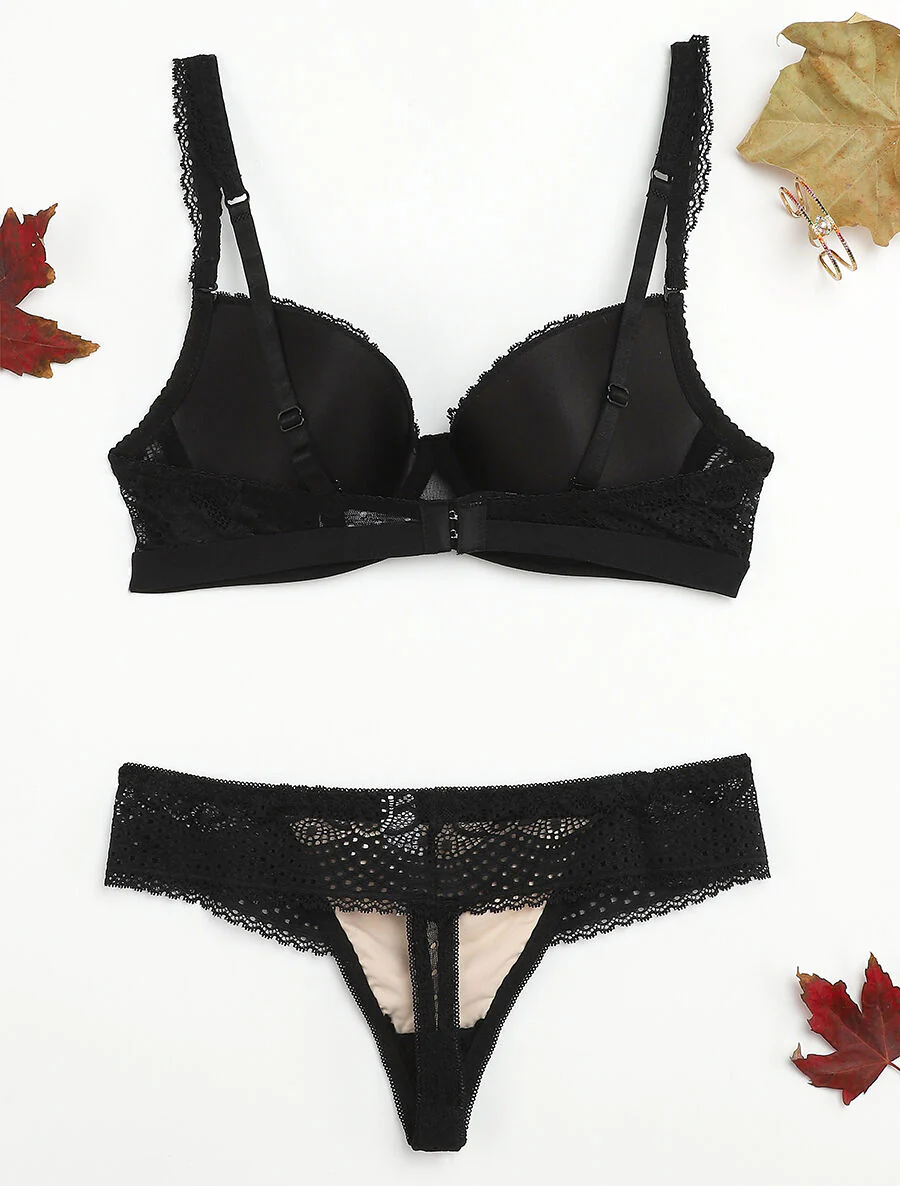 Ensemble à bord bande élastiquée et tanga - Noir/nude - Image 2