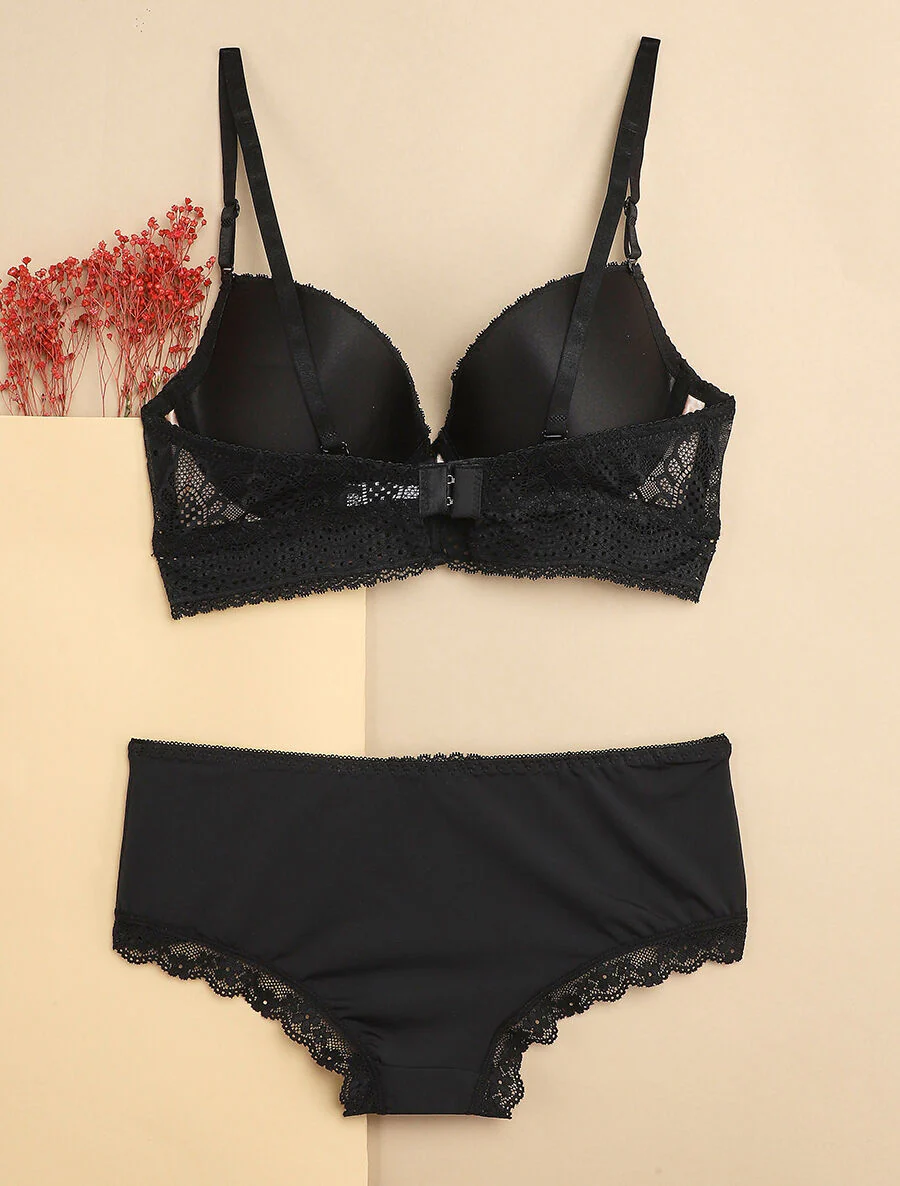 Ensemble à bord large en dentelle piquetée et shorty - Noir/nude - Image 2
