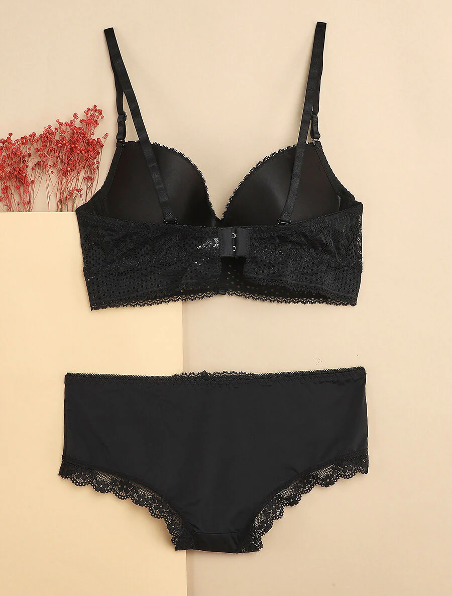 Ensemble à bord large en dentelle piquetée et shorty - Noir - Image 2