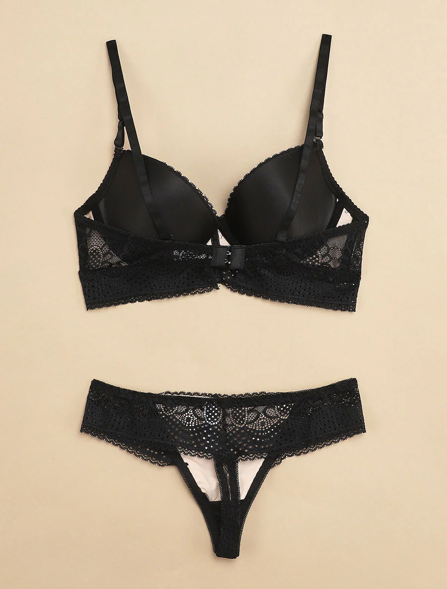 Ensemble à bord large en dentelle piquetée et tanga - Noir/nude - Image 2