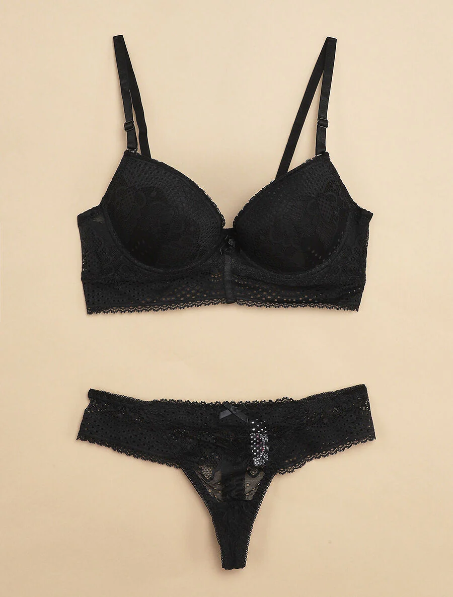 Ensemble à bord large en dentelle piquetée et tanga - Noir