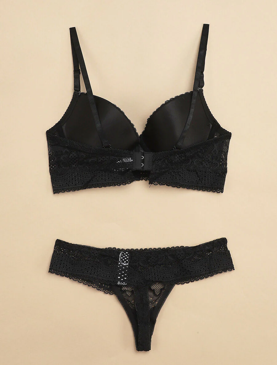 Ensemble à bord large en dentelle piquetée et tanga - Noir - Image 2