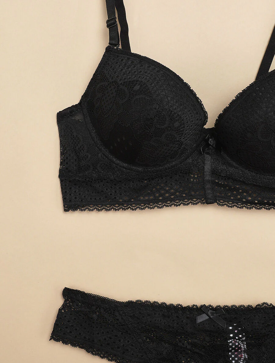 Ensemble à bord large en dentelle piquetée et tanga - Noir - Image 3