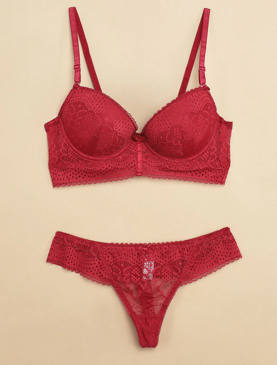 Ensemble à bord large en dentelle piquetée et tanga - Prune