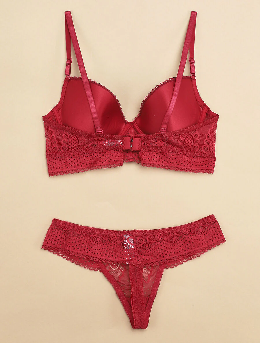 Ensemble à bord large en dentelle piquetée et tanga - Prune - Image 2