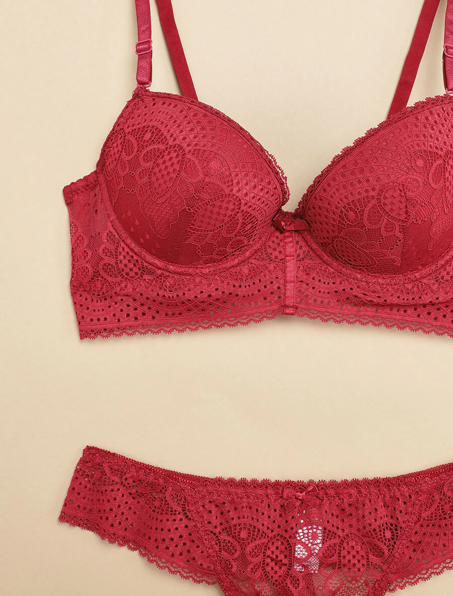 Ensemble à bord large en dentelle piquetée et tanga - Prune - Image 3