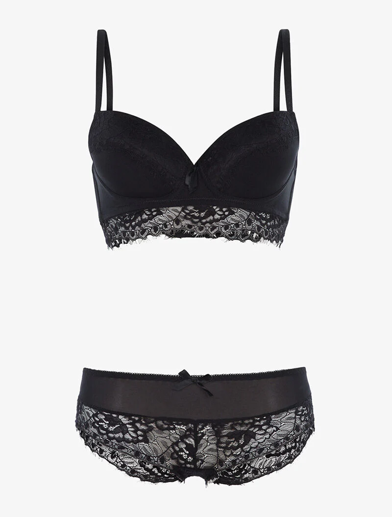 Ensemble à bordure dentelle et culotte - noir
