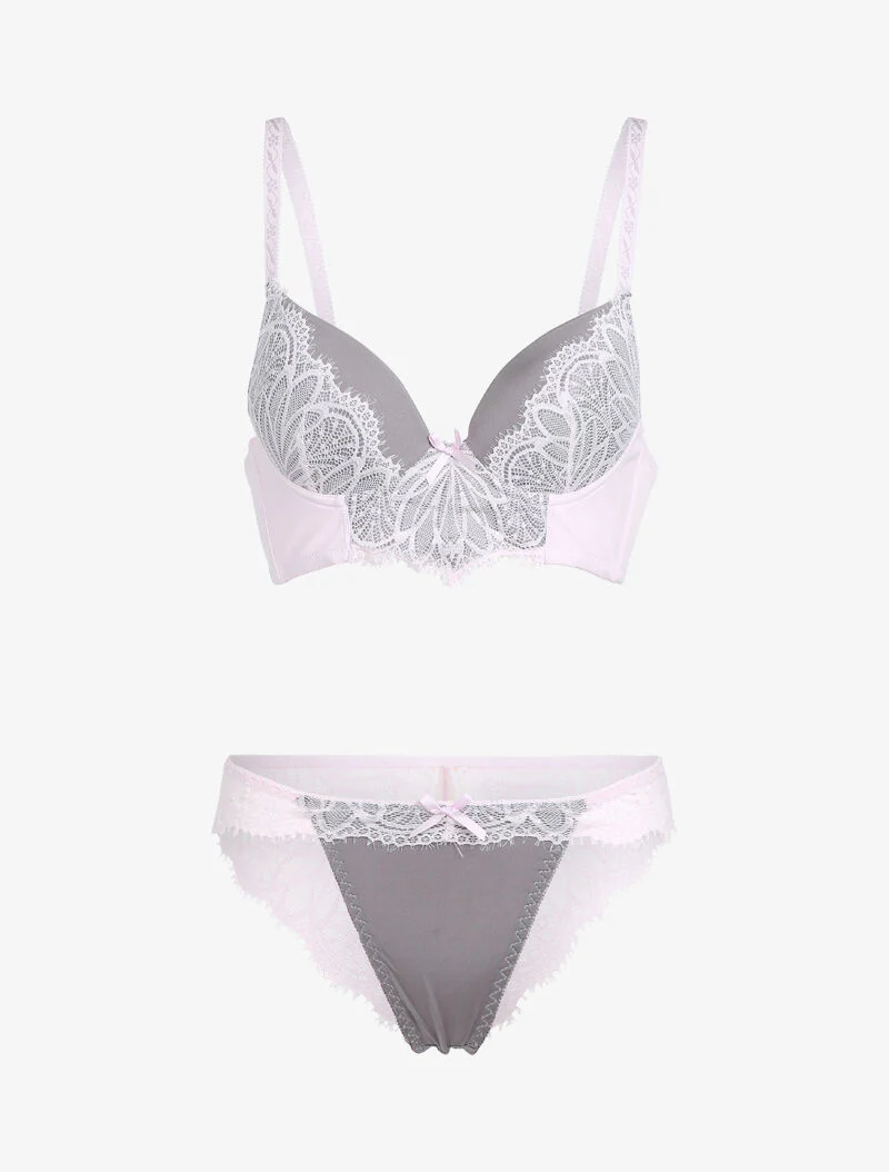 Ensemble à dentelle échancrée - gris/rose pâle