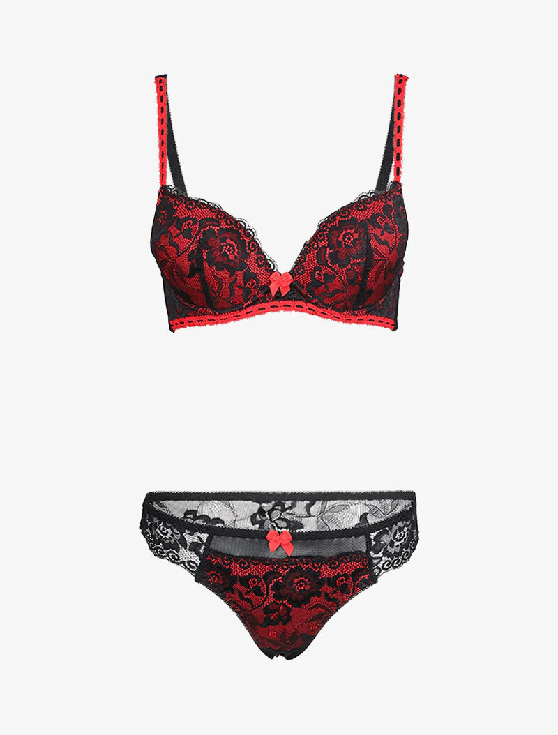 Ensemble à dentelle et résille fleurie - Noir/rouge