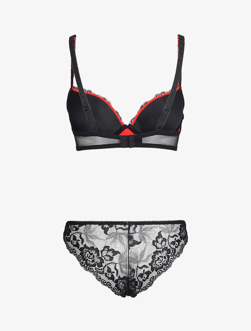 Ensemble à dentelle et résille fleurie - Noir/rouge - Image 2