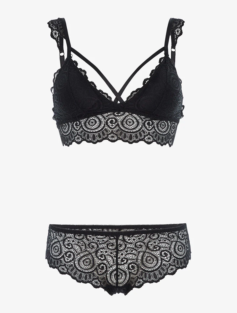Ensemble à dentelle romantique et tanga - noir