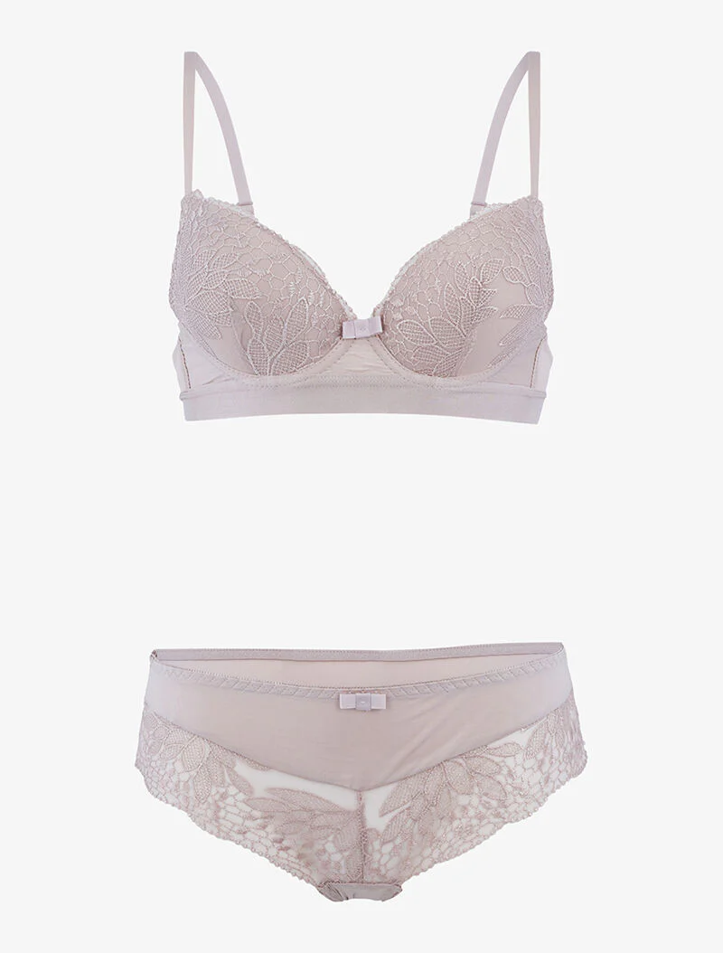 Ensemble à empiècement broderie fleurie - taupe