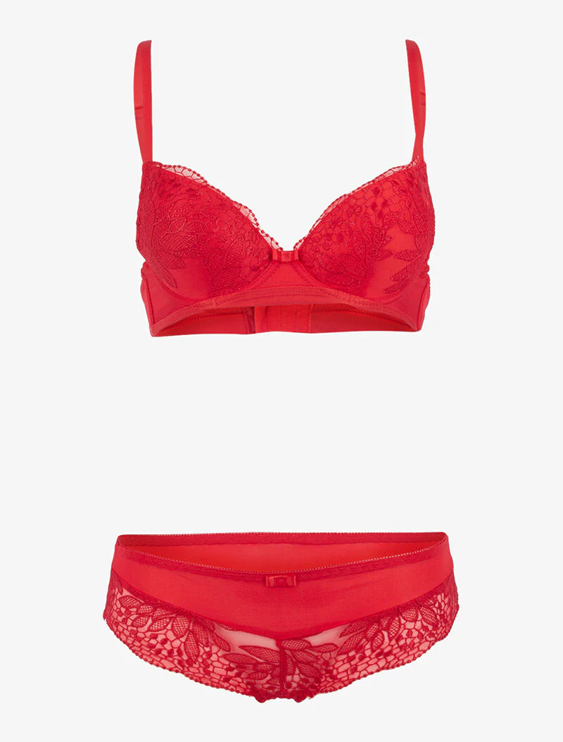 Ensemble à empiècement broderie fleurie - rouge